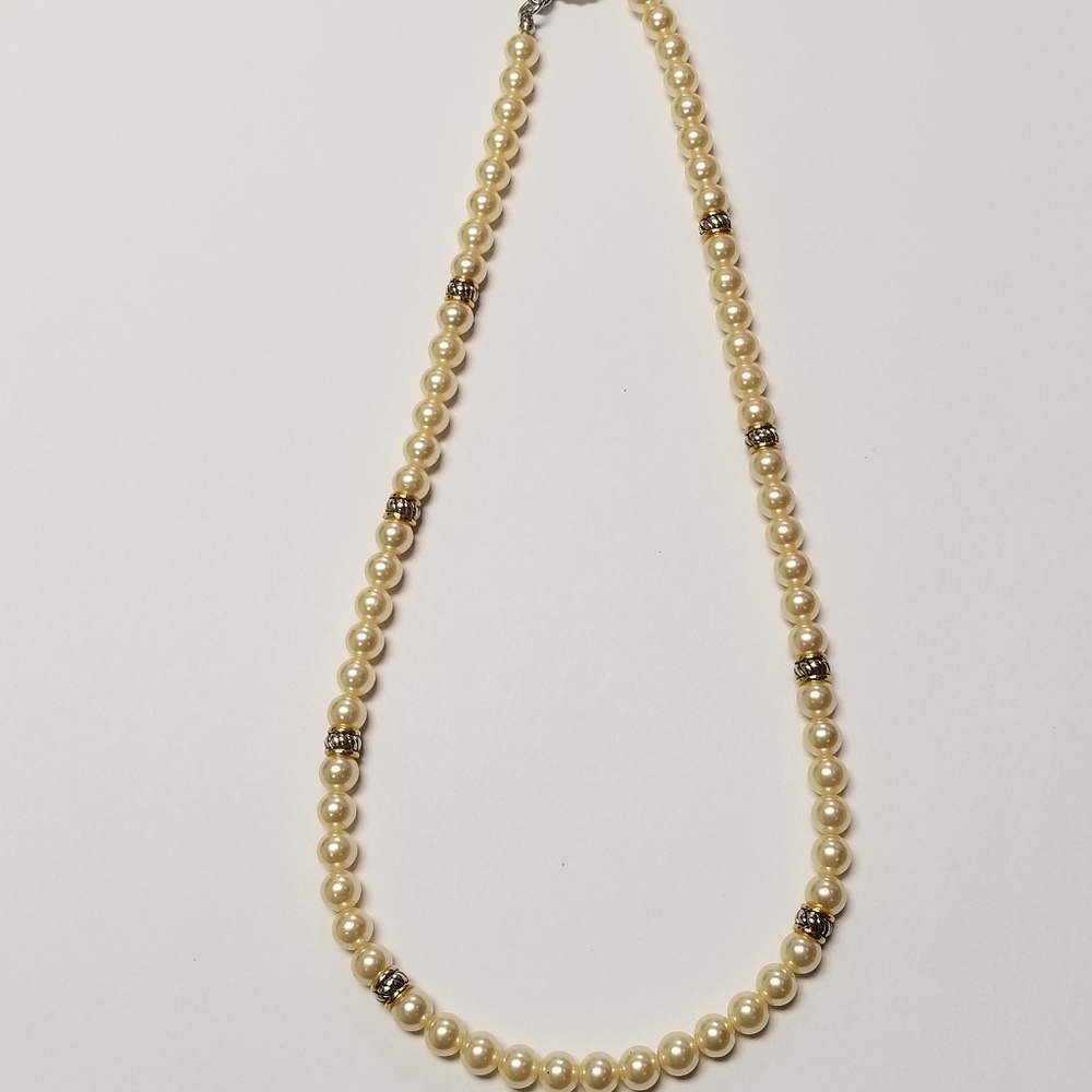 Faux Pearl Silver/Gold Tone Choker Bib 16 in.